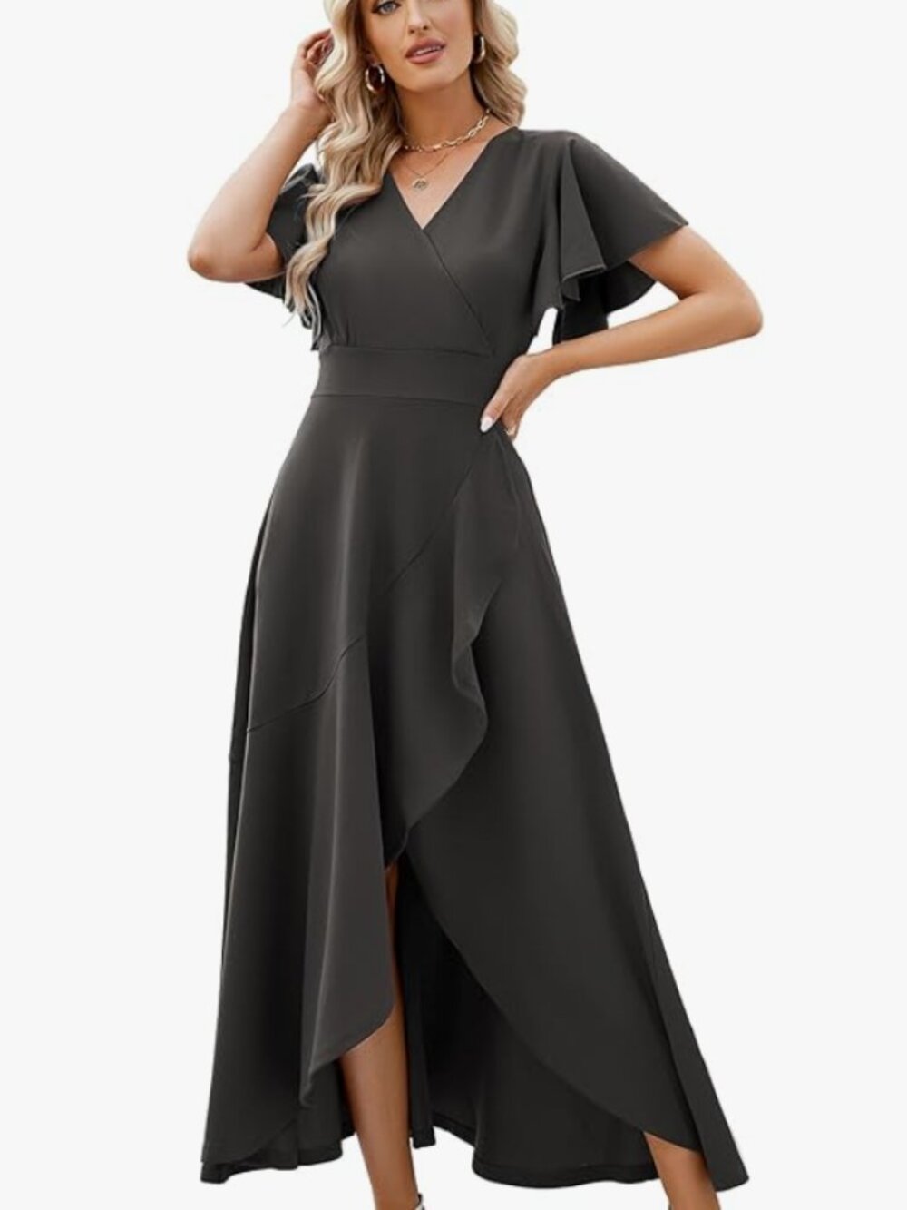 ZZV Split Elegant V Neck Wrap Ruffle Wedding Guest Dresses (Grey, XL)